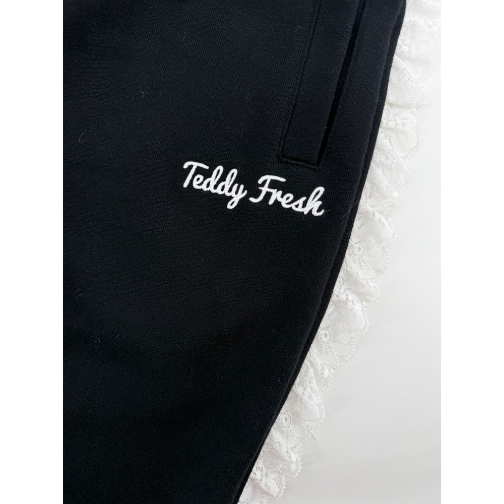 Teddy Fresh Black Lace Trim Sweatpants Joggers XS Embroidered‎ Logo Streetwear
